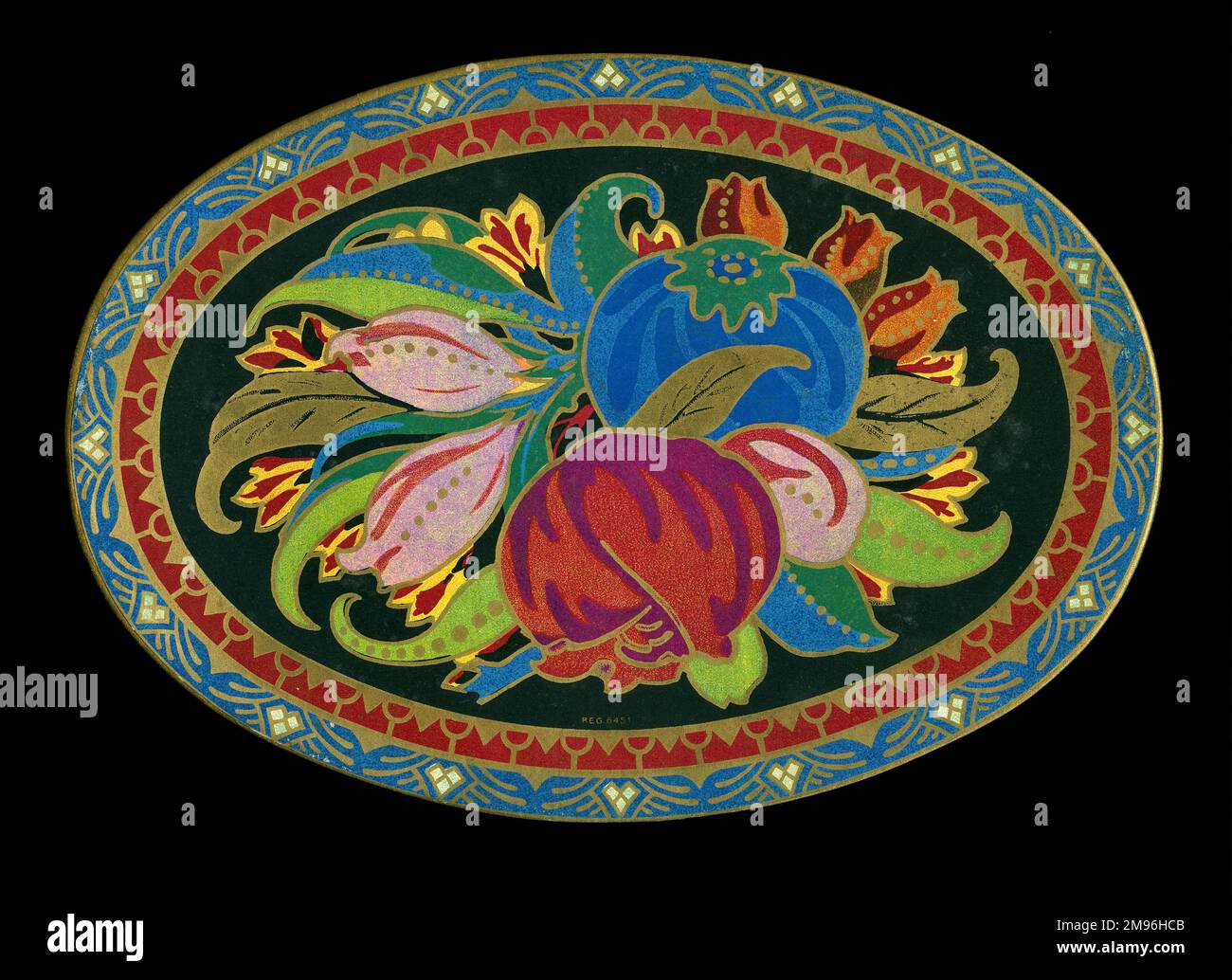 Un coperchio ovale decorativo in scatola di cioccolato con fiori e foglie. Foto Stock