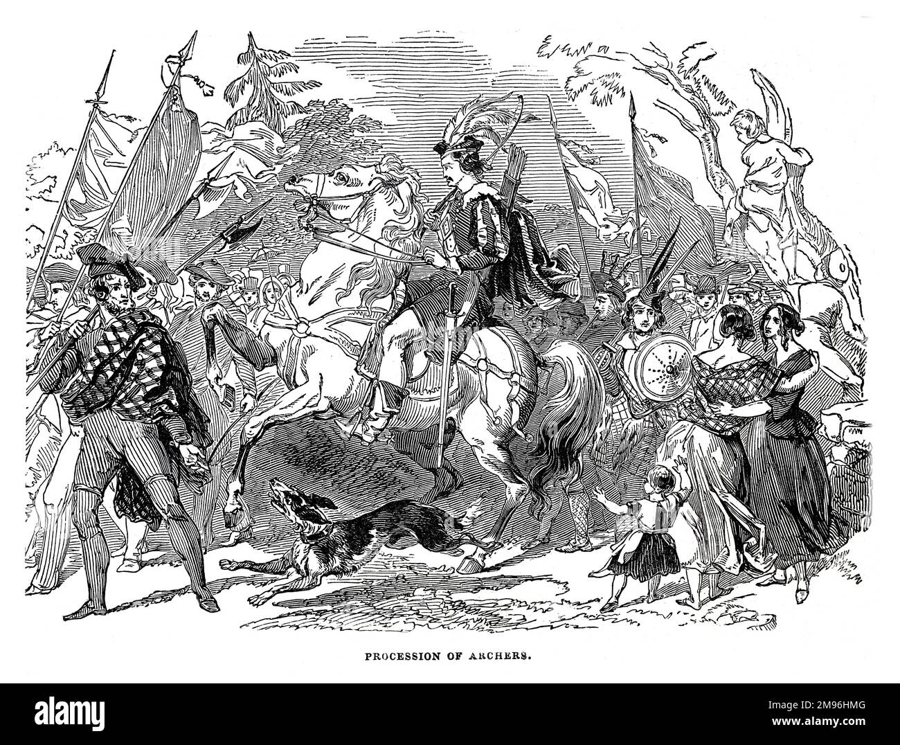 Burns Festival in Ayr, 1844: Processione di Arcieri. Illustrazione in bianco e nero da The London Illustrated News; agosto 1844. Foto Stock