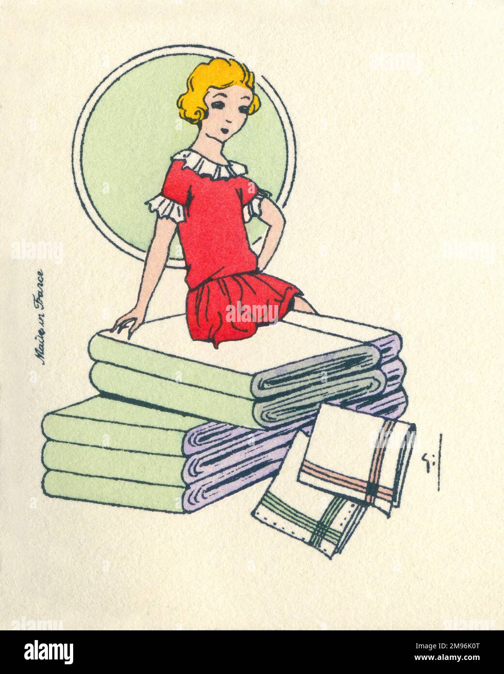 Disegno di biglietto da visita, raffigurante una giovane donna in un vestito rosso, seduta su rotoli di tessuti. Foto Stock