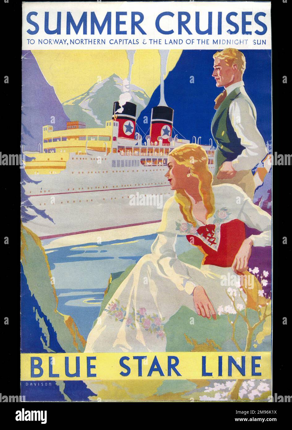 Poster pubblicità Blue Star Line crociere estive in Norvegia, capitali del nord e la terra del sole di mezzanotte. Raffigurante una tipica coppia in costume scandinavo. Foto Stock
