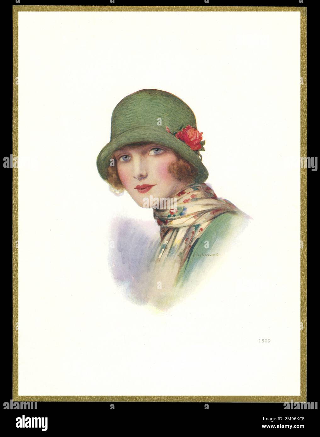Design scatola di cioccolato, con una bella signora in un cappello verde cloche e sciarpa a motivi. Foto Stock