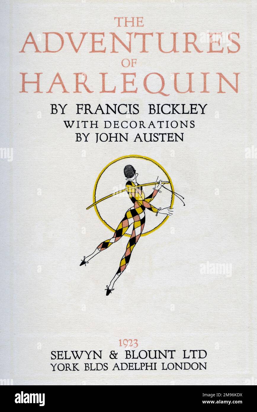 Pagina del titolo, The Adventures of Harlequin di Francis Bickley, con illustrazioni di John Austen. Mostrare Harlequin stesso in costume e posa tipici. Foto Stock