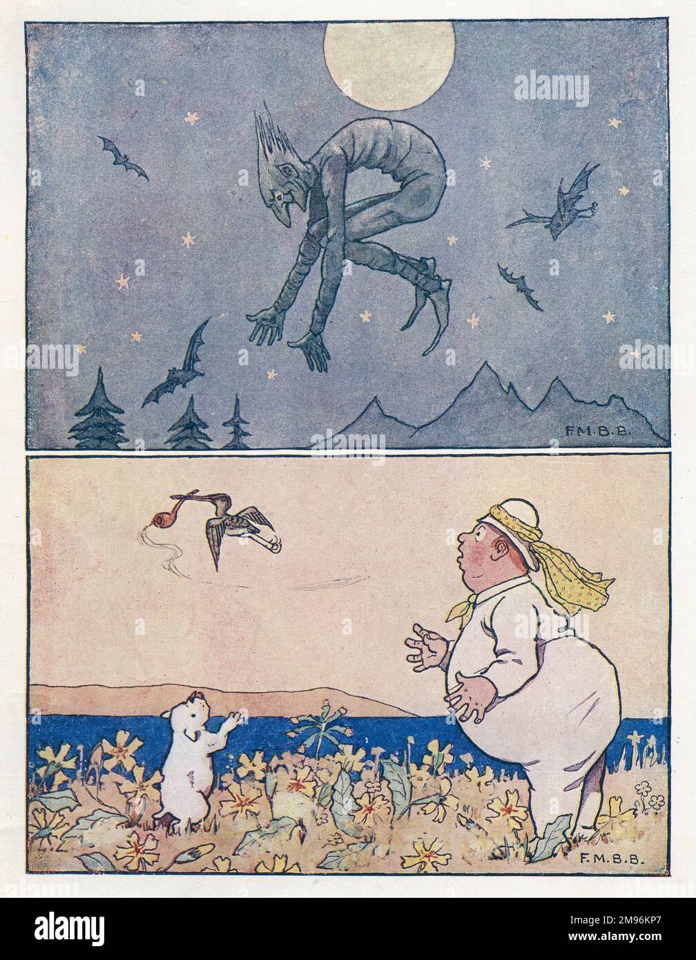Stanza dei bambini Rhymes -- due illustrazioni. Sopra -- un goblin ed i pipistrelli che volano circa il cielo di notte dalla luna. Sotto -- un uccello ruba un tubo dell'uomo del grumo. Foto Stock