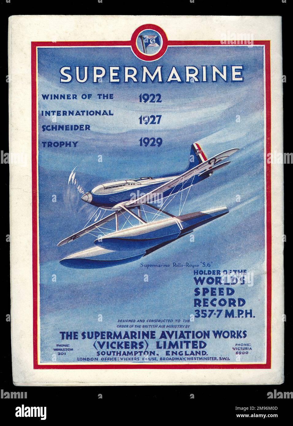 L'aereo Supermarine, Rolls-Royce S.6, vincitore dell'International Schneider Trophy Air Race nel 1922, 1927 e 1929, e detentore del record mondiale di velocità di 357,7 miglia all'ora, prodotto presso la Supermarine Aviation Works (Vickers) Limited, Southampton, Regno Unito. Foto Stock