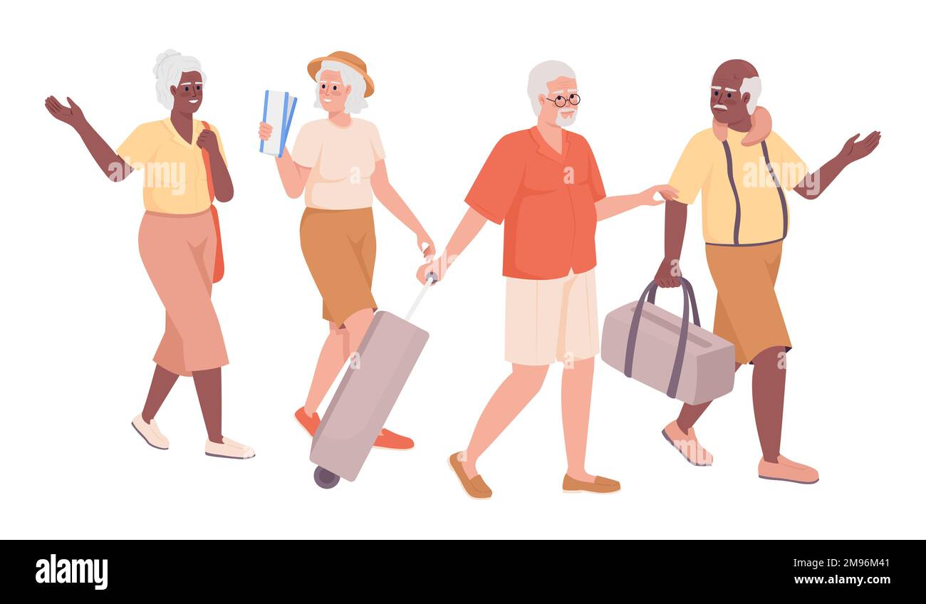 Viaggiatori anziani che viaggiano insieme caratteri vettoriali di colore semi-piatto Illustrazione Vettoriale