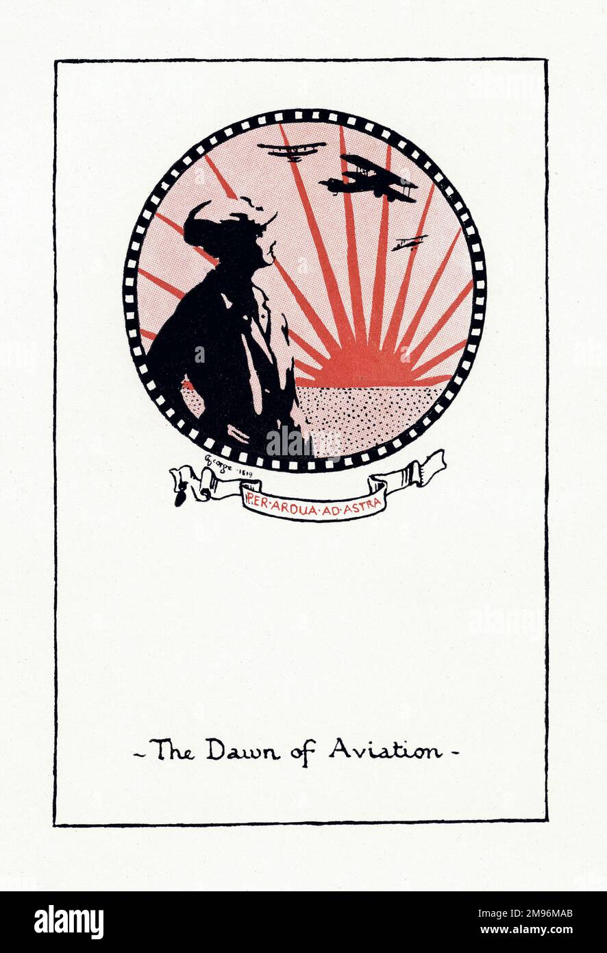 Illustrazione, otto mesi con l'aeronautica reale delle donne. Mostrando una donna che guarda su a tre biplanari nel cielo, con un'alba dietro -- l'alba dell'aviazione -- con il motto sotto, per ardua ad Astra. Foto Stock