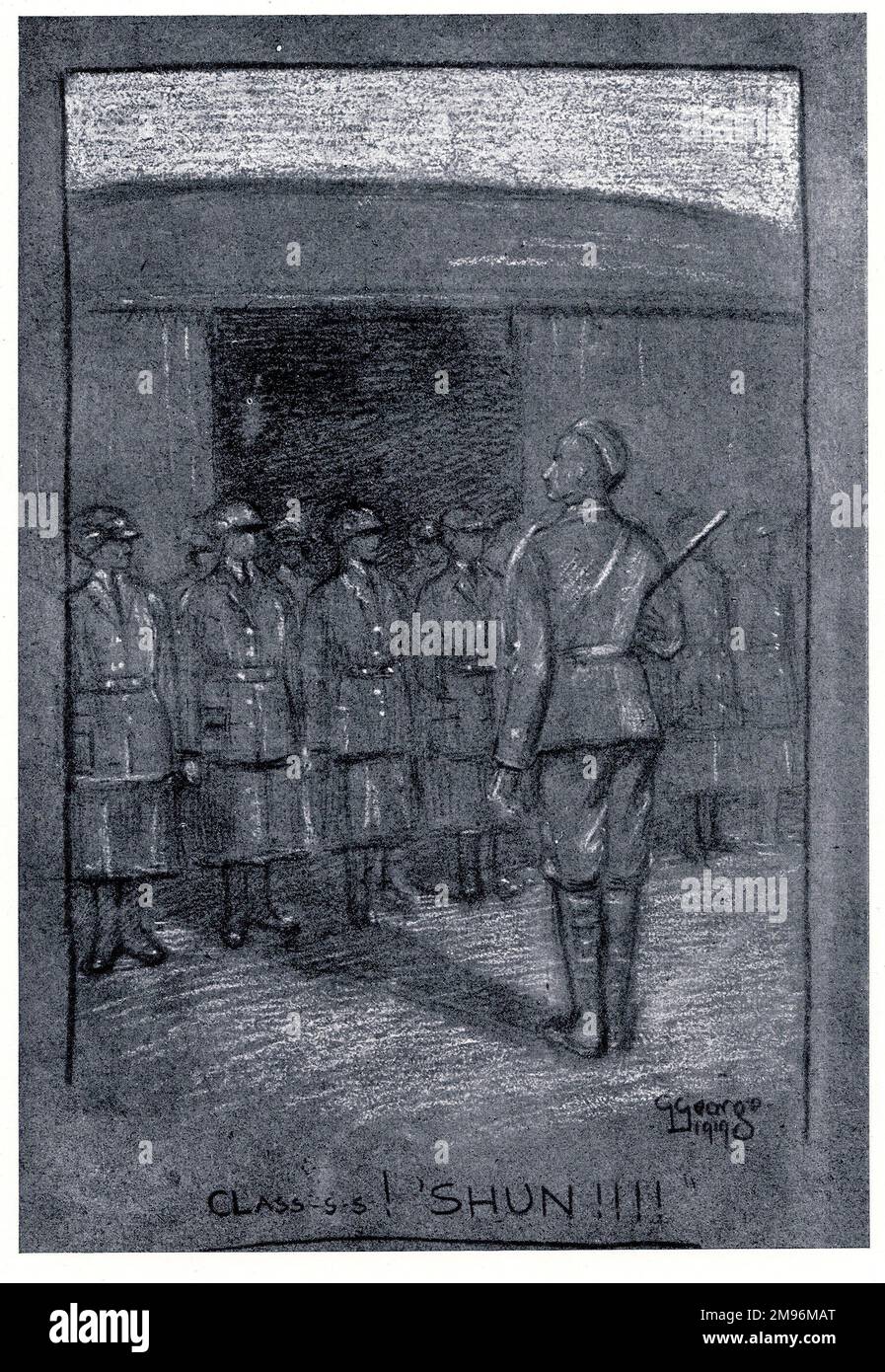 Illustrazione, otto mesi con l'aeronautica reale delle donne. Mostrare un ufficiale maschile che chiama le donne all'attenzione. Classe! SHUN!! Foto Stock