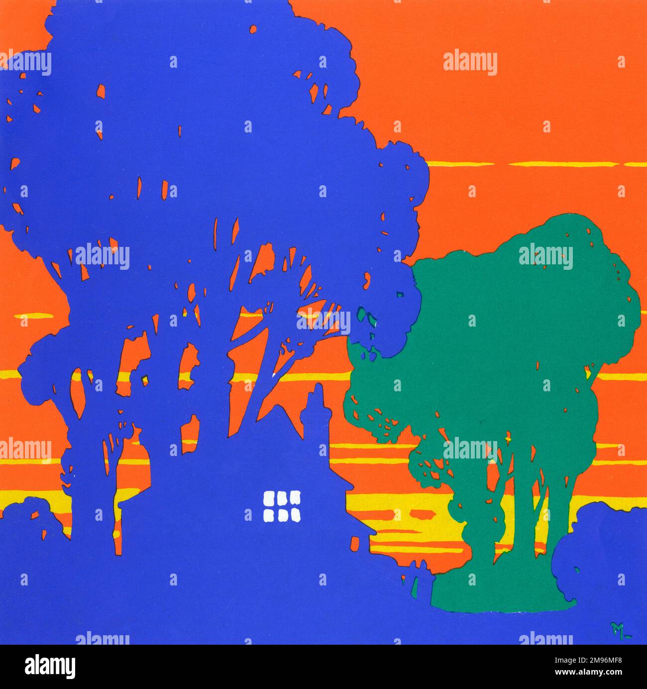 Grassetto, illustrazione di stile grafico di una piccola casa di cottage raffigurato in silhouette, circondato da alberi e posto contro un cielo arancione vivido. Foto Stock
