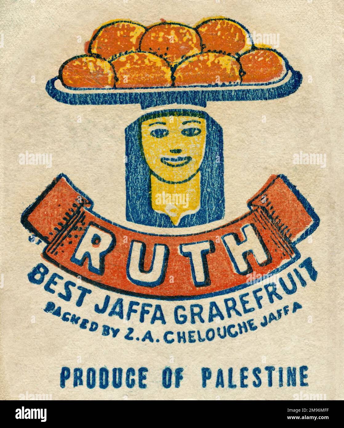 Etichetta di frutta -- Ruth Best Jaffa pompelmo, confezionato da Z A Chelouche, prodotti della Palestina. Raffigurante una donna sorridente con un vassoio di frutta equilibrata sulla testa. Foto Stock