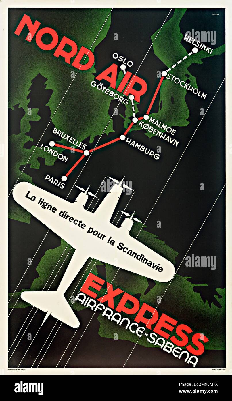 Nord Air Express Air France - Sabena Poster, la rotta diretta per la Scandinavia, con una mappa che mostra gli itinerari tra le città. Foto Stock