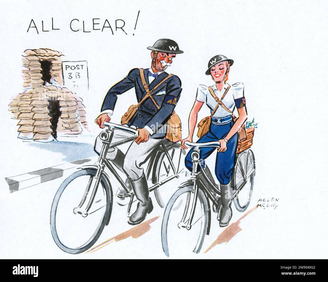 Jolly illustrazione di Helen McKie che mostra un vecchio uomo piuttosto lecherous che guarda Air RAID Patrol Warden in bicicletta accanto a un giovane, bella collega femminile. Foto Stock