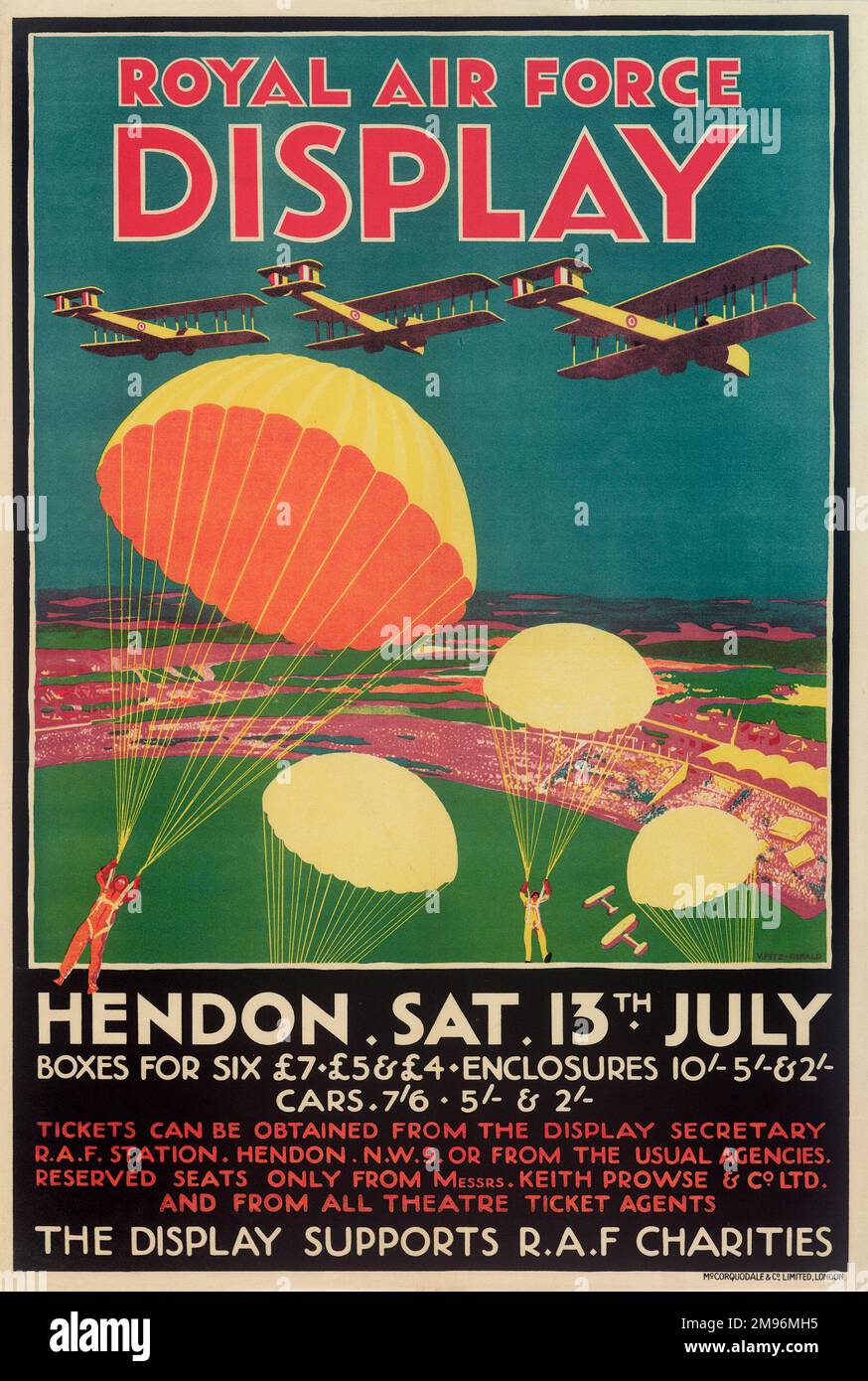 Poster dell'esposizione dell'aeronautica reale, Hendon, che mostra gli uomini che paracadutano giù dai biplanari. Foto Stock