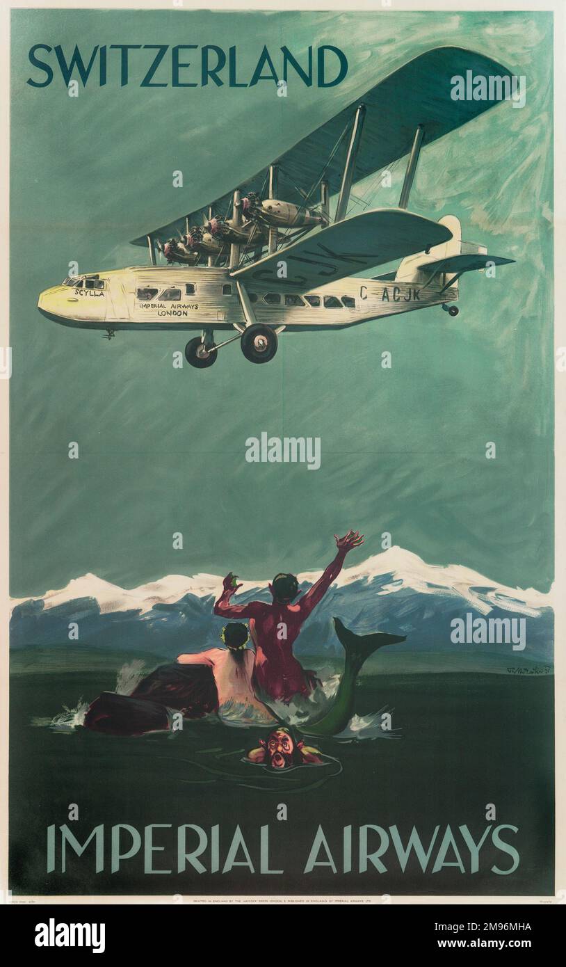 Poster Imperial Airways, che mostra un aereo da passeggeri Scylla in volo verso la Svizzera, con una sirena e un uomo mercante che guardano in alto a meraviglia. Foto Stock