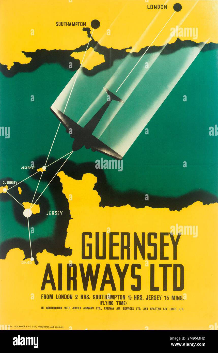 Guernsey Airways Ltd, poster che fornisce una mappa stilizzata dei voli da Londra e Southampton alle Isole del canale e Dinard sulla costa francese. Foto Stock