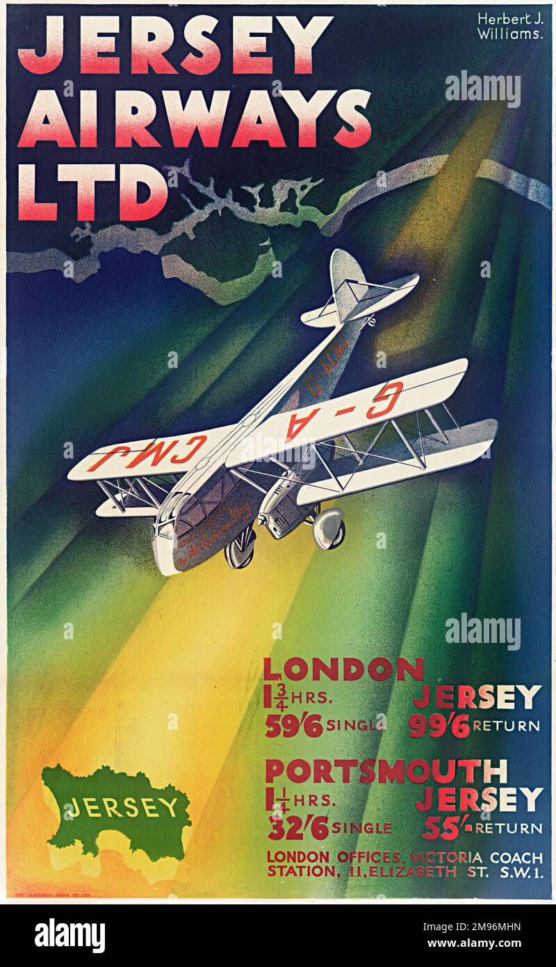 Poster di Jersey Airways Ltd, che mostra un biplano passeggeri che vola  dalla costa meridionale della Gran Bretagna a Jersey. Elenco della durata e  dei costi dei voli da Londra e Portsmouth