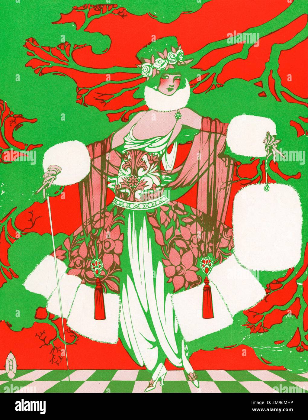 Donna in un elaborato costume da palcoscenico che si prepara ad eseguire una canzone d'autunno. Foto Stock