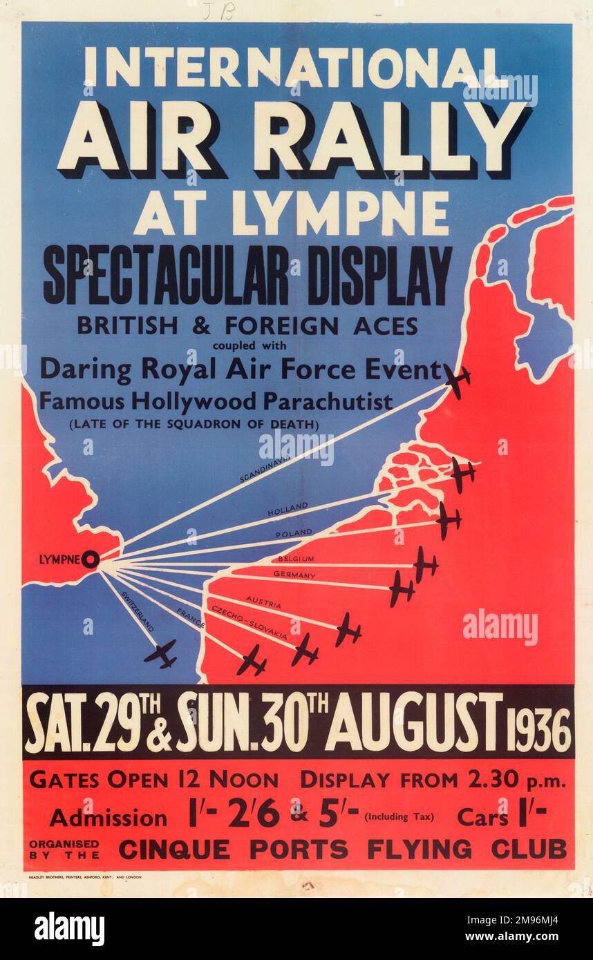 Poster, International Air Rally a Lympne, Five Ports Flying Club. Offre una spettacolare esposizione di assi britannici e stranieri, un audace evento RAF e un famoso paracadutista di Hollywood. Foto Stock