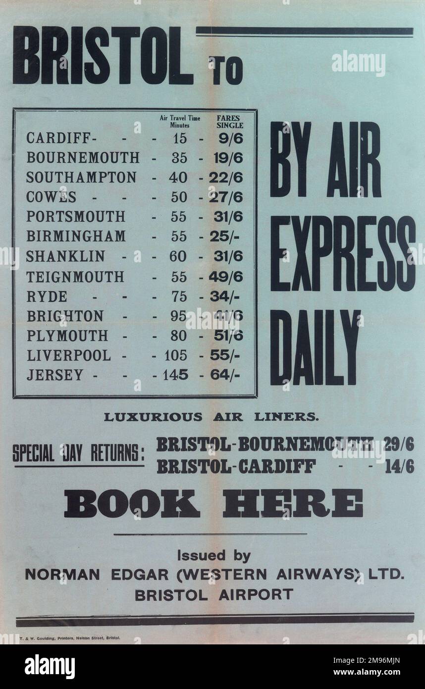 Poster, Norman Edgar (Western Airways) Ltd, che mostra i prezzi e gli orari da Bristol a varie destinazioni con Air Express Daily, inclusi i resi in giorni speciali. Foto Stock