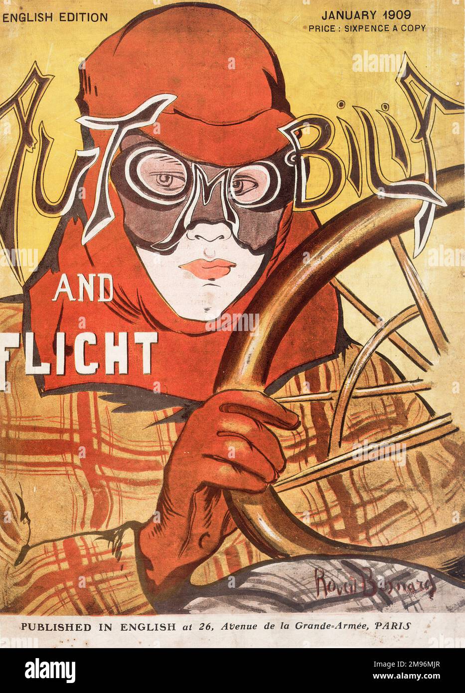 Copertina della rivista The De Havilland Aircraft Company, Automobilia and Flight, edizione inglese, pubblicata a Parigi. Raffigurazione di un conducente al volante che indossa un casco in pelle e occhiali di protezione. Foto Stock Copertina della rivista The De Havilland Aircraft Company, Automobilia and Flight, edizione inglese, pubblicata a Parigi. Raffigurazione di un conducente al volante che indossa un casco in pelle e occhiali di protezione. Foto Stock