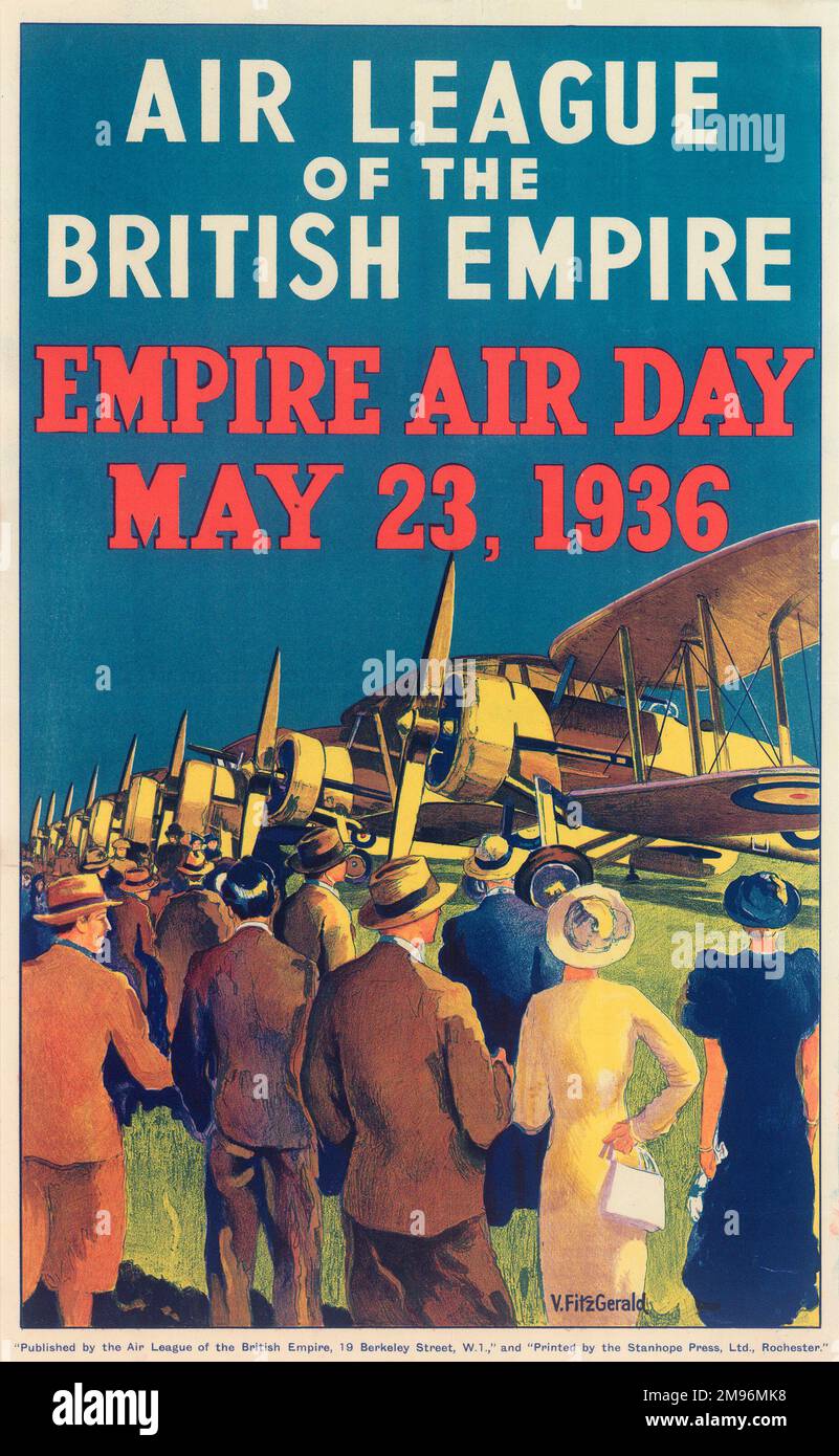 Poster, Air League of the British Empire, Empire Air Day, 23 maggio 1936. Mostrare un gruppo di visitatori su un campo aereo, guardando una fila di biplanari ben parcheggiati. Foto Stock