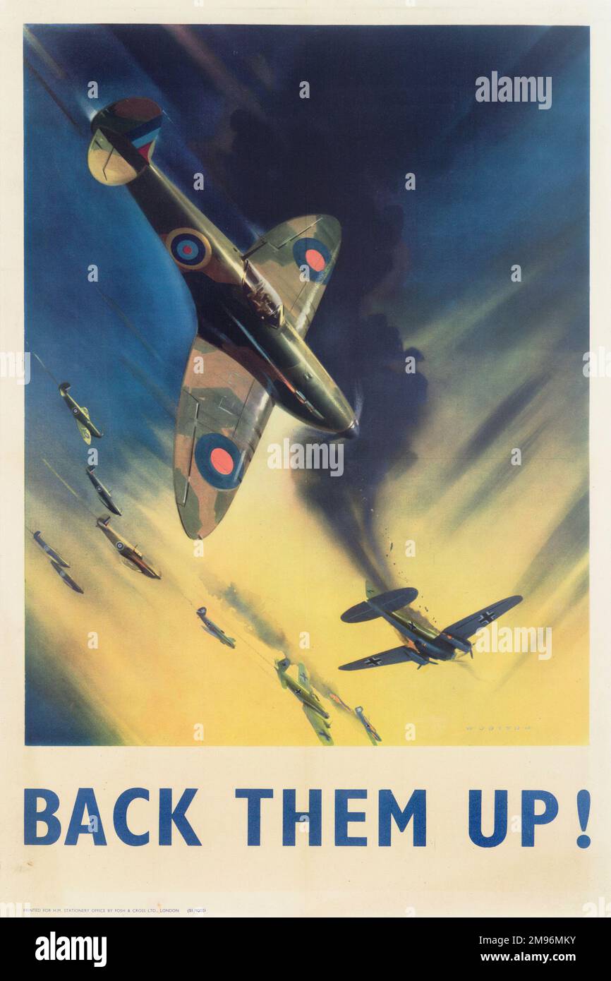 Poster RAF, Back Them Up!, che mostra uno Spitfire britannico che abbattere un bombardiere tedesco durante la seconda guerra mondiale. Foto Stock