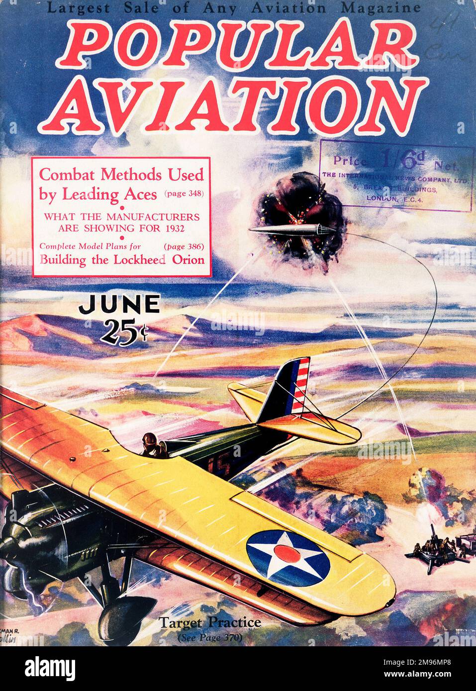 Cover design, popolare Aviation Magazine, che mostra un biplanare sulla pratica target. Foto Stock