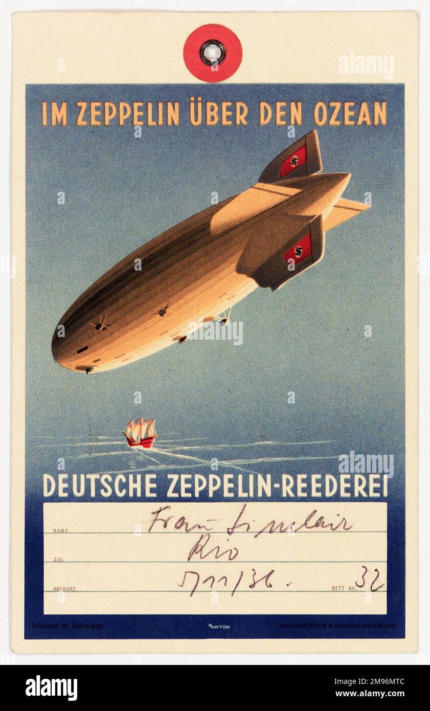 Etichetta bagaglio, Deutsche Zeppelin-Reederei (compagnia aerea) per il volo LZ 129 Hindenburg verso il Sud America. Il passeggero è una signora Sinclair, destinazione Rio de Janeiro, ormeggio numero 32. Foto Stock