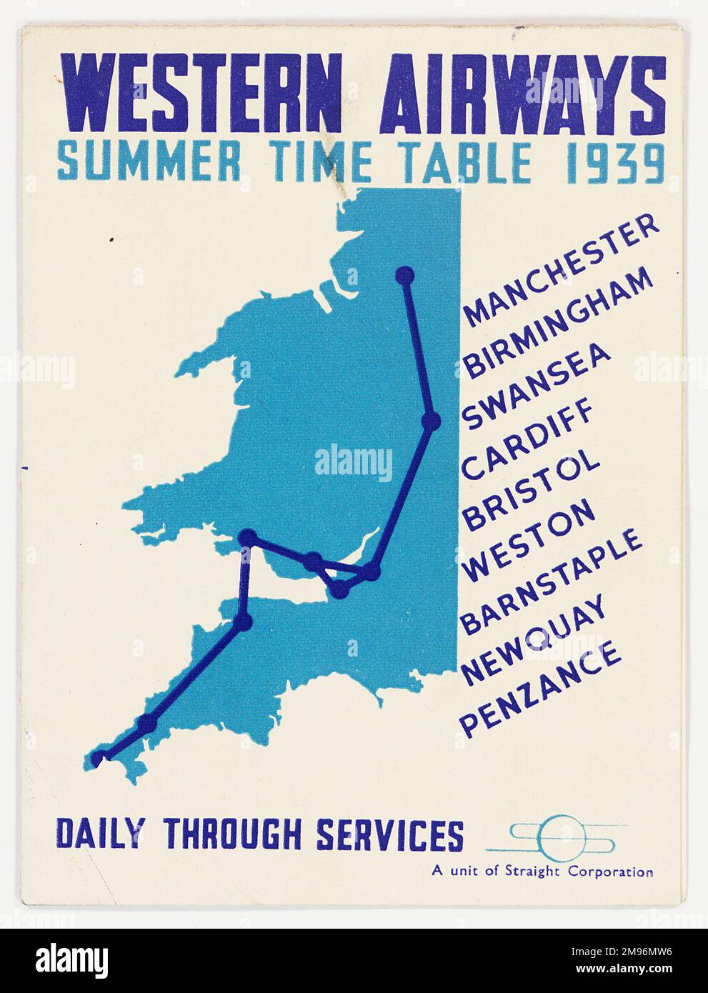 Progettazione di copertine, orario estivo di Western Airways, con una mappa con le destinazioni: Manchester, Birmingham, Swansea, Cardiff, Bristol, Weston, Barnstaple, Newquay e Penzance. Foto Stock