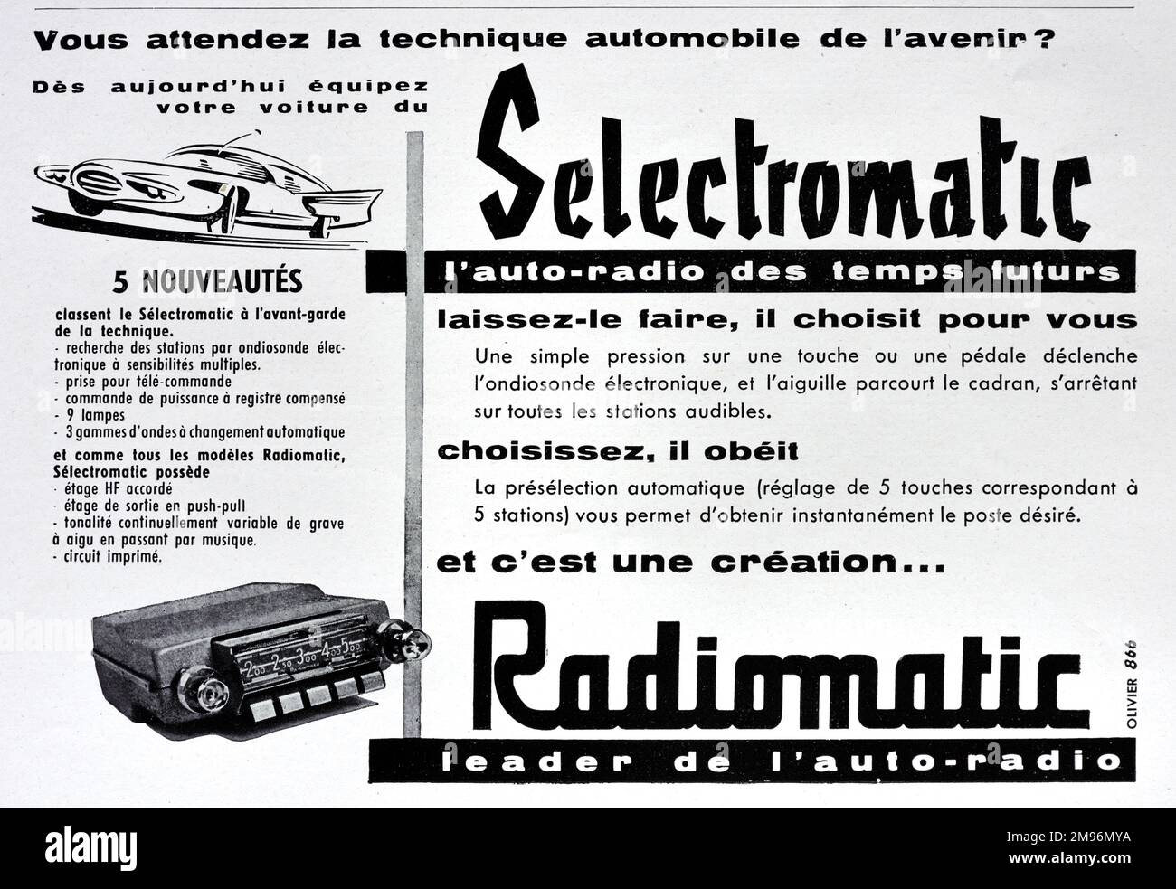 Annuncio audio per auto elettromatico o radiomatico 1957. Annuncio vintage o vecchio, pubblicità, pubblicità o illustrazione Foto Stock