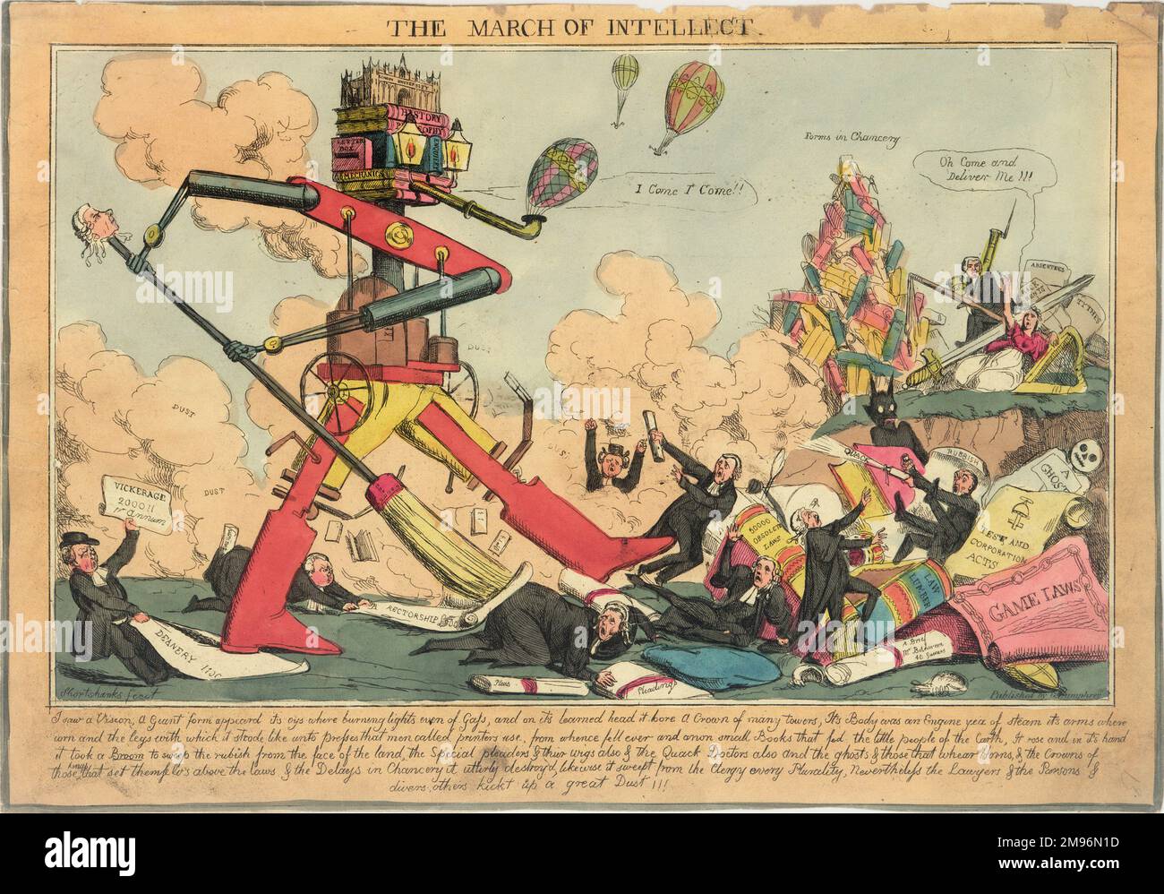 Cartone animato satirico, la marcia dell'intelletto. Mostrando una figura robotica spazzando via tutte le vecchie leggi e altre immondizia, con palloncini nel cielo sopra. Foto Stock