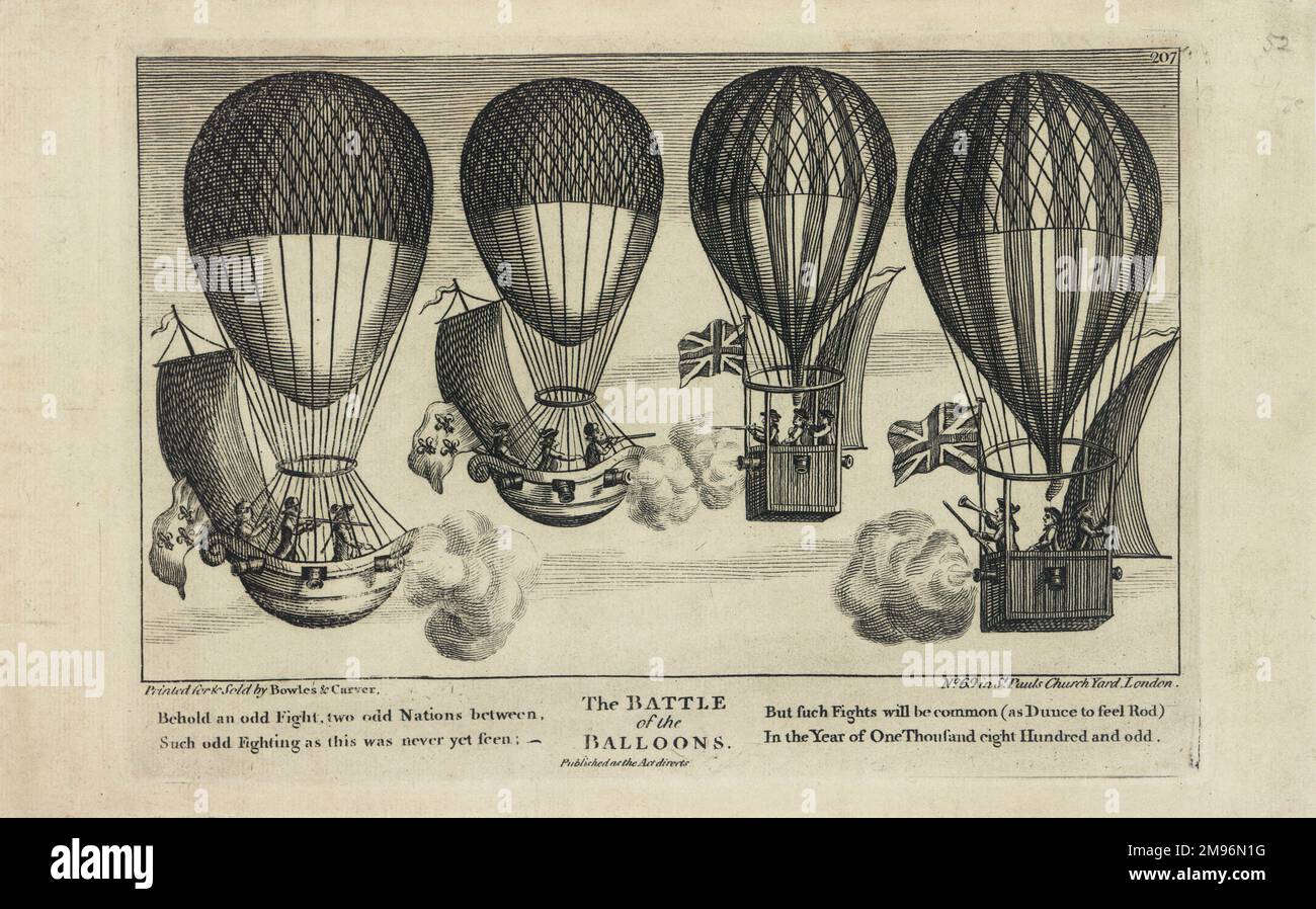 La Battaglia dei Balloons. Un'immagine fantasiosa raffigurante quattro palloncini con bandiere e vele, i loro passeggeri in combattimenti aerei ravvicinati. Gli avversari sembrano essere inglesi e francesi. Foto Stock