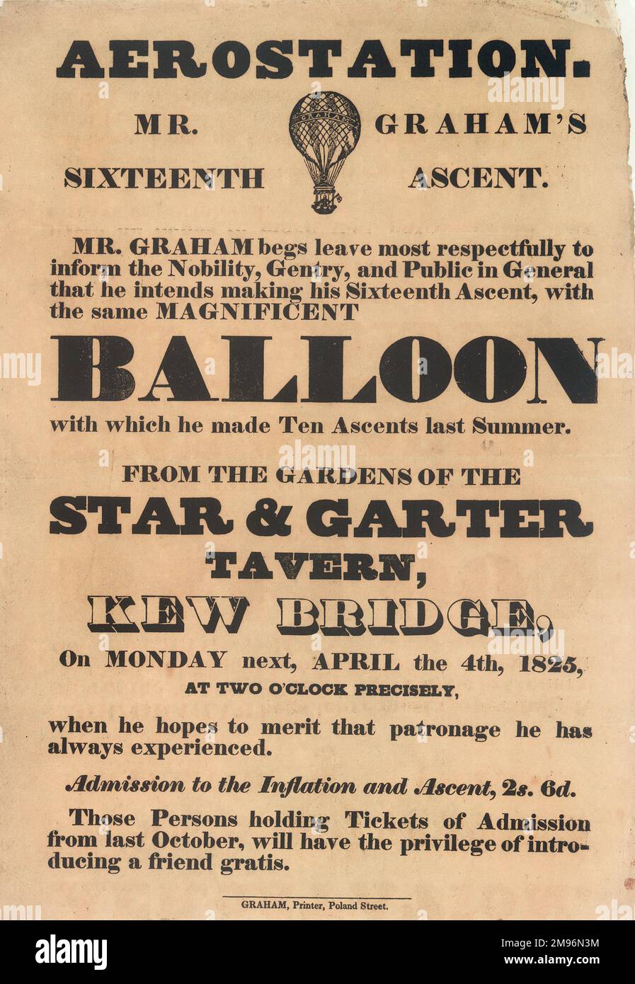 Poster pubblicità Aerostation. La sedicesima salita del signor Graham dai giardini della Star & Garter Tavern, Kew Bridge, Londra. Foto Stock