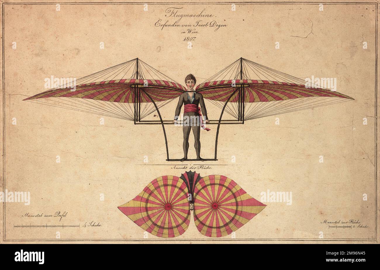 Un primo progetto di macchina volante, che mostra un uomo in piedi in un assieme alato simile a un parapendio. Progettato da Jacob Degen, Vienna, 1807, con le misurazioni riportate di seguito. Foto Stock