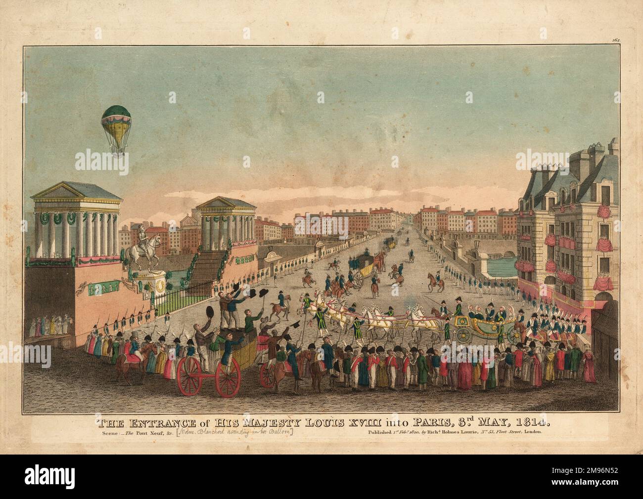 Scena sul Pont Neuf, Parigi, durante l'ingresso del re Luigi XVIII a Parigi, con Sophie Blanchard in volo sopra la sua mongolfiera. Quando Luigi entrò a Parigi dopo essere stato riportato al trono francese, Blanchard salì nel suo pallone come parte della processione trionfale. Foto Stock