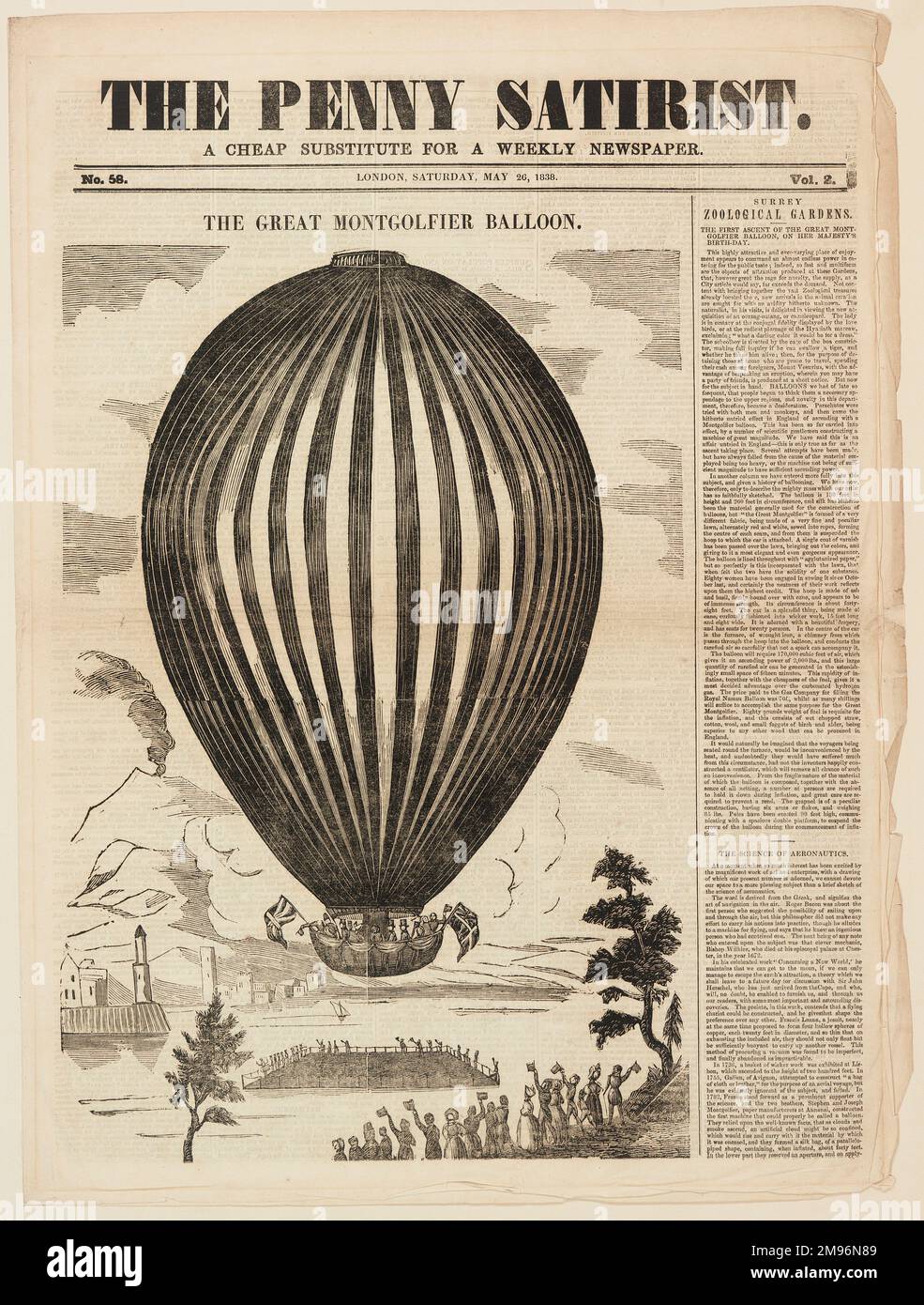 Prima pagina del Penny Satirist - Un sostituto economico per un giornale settimanale. Mostra una grande immagine della mongolfiera che sale dai Surrey Zoological Gardens con circa dieci persone in gondola, per celebrare il compleanno della regina Vittoria. Un vulcano attivo può essere visto sullo sfondo. Foto Stock