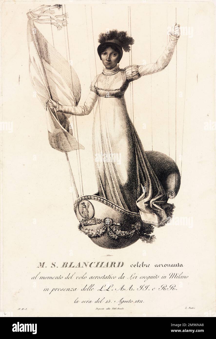 Sophie Blanchard (1778-1819), famoso aeronauta francese, in una salita notturna in mongolfiera si è esibito a Milano, in Italia, alla presenza di Napoleone, per celebrare il suo 42nd° compleanno. Foto Stock