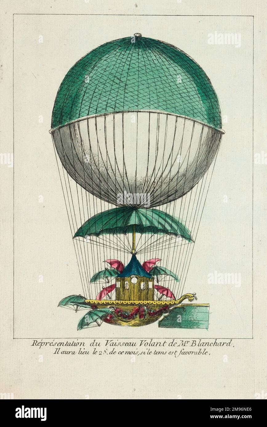 La mongolfiera di Jean-Pierre Blanchard, probabilmente per l'ascesa prevista dal Champ de Mars, Parigi, 2 marzo 1784. Una rappresentazione leggermente fantasiosa del pallone, del paracadute e della carrozza. Foto Stock