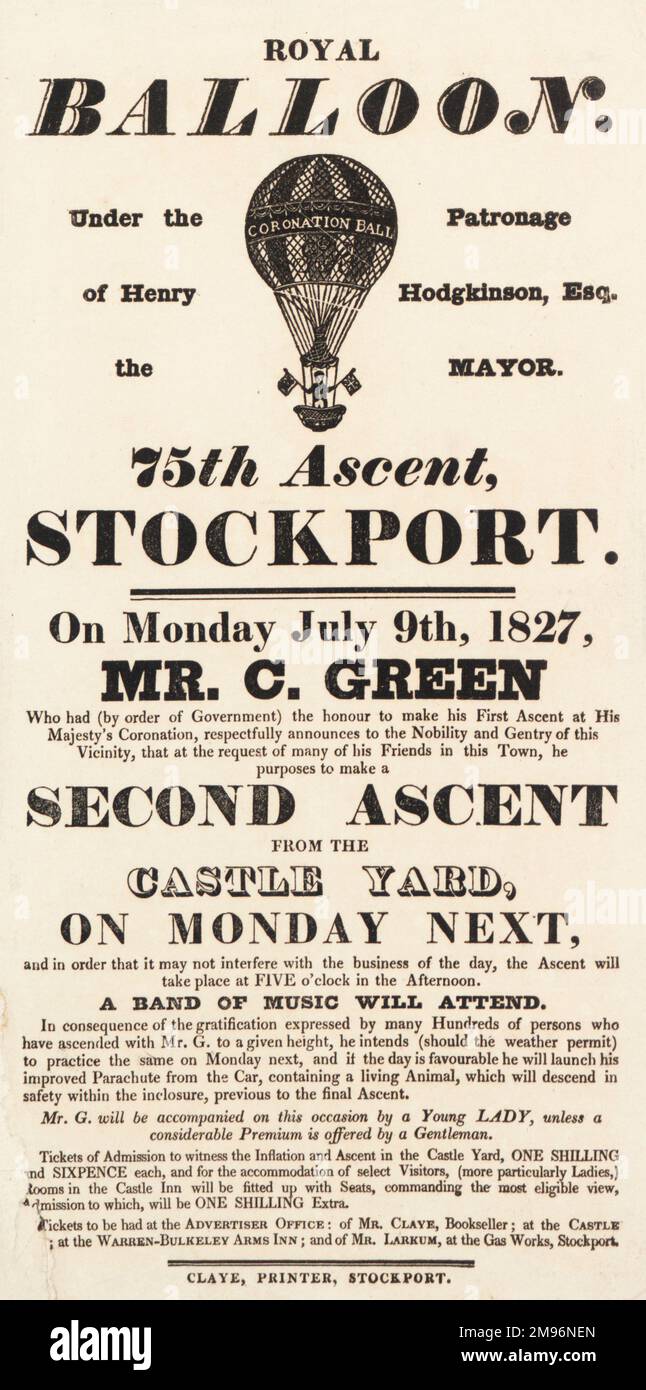 Charles Green poster palloncino pubblicità sua ascesa 75th, da Stockport, sotto il patrocinio di Henry Hodgkinson, il sindaco, con una seconda salita da Castle Yard, una banda di musica in presenza. Foto Stock