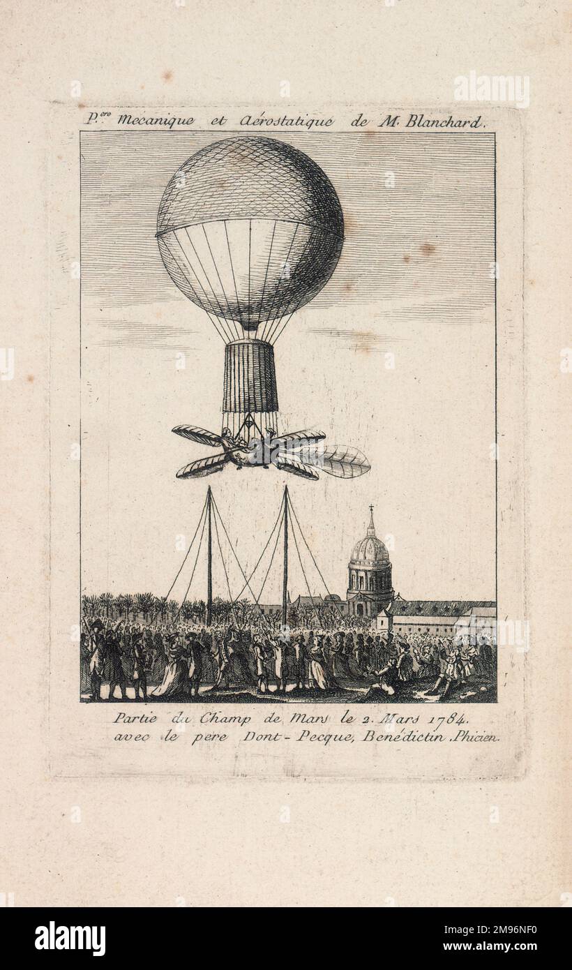 Salita in mongolfiera di Jean-Pierre Blanchard dal Champ de Mars, Parigi, con Pere dont-Pecque (Dom Pech, monaco benedettino). Foto Stock