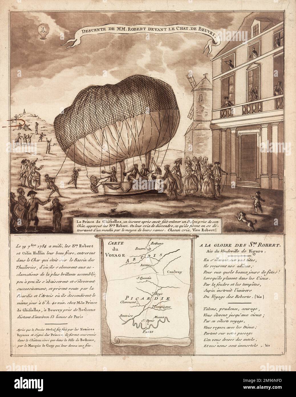 Discesa in mongolfiera dei fratelli Robert e Colin Hullin di fronte al Chateau de Beuvry, vicino a Bethune. Erano ascesi dai Giardini delle Tuileries, Parigi, all'inizio dello stesso giorno. Con una mappa che mostra il percorso di volo a nord da Parigi. Foto Stock
