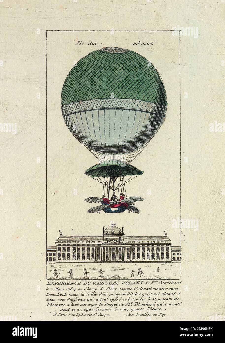 Salita in mongolfiera di Jean-Pierre Blanchard dal Champ de Mars, Parigi, con Dom Pech, monaco benedettino. Foto Stock