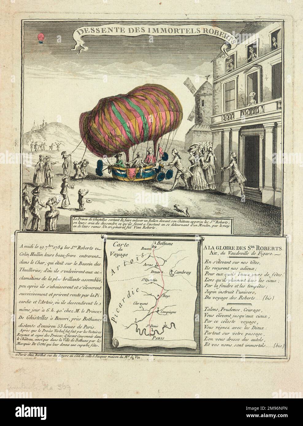 Discesa in mongolfiera dei fratelli Robert e Colin Hullin di fronte al Chateau de Beuvry, vicino a Bethune. Erano ascesi dai Giardini delle Tuileries, Parigi, all'inizio dello stesso giorno. Con una mappa che mostra il percorso di volo a nord da Parigi. Foto Stock