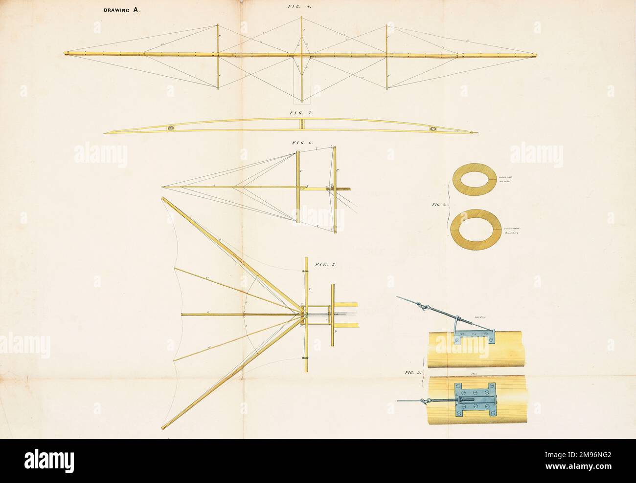 Il carrello a vapore aereo -- vista laterale del telaio principale, e pianta della coda di controllo. Questa macchina volante fu brevettata da William Samuel Henson (1812-1888) e John Stringfellow (1799-1883) nel 1842. Foto Stock