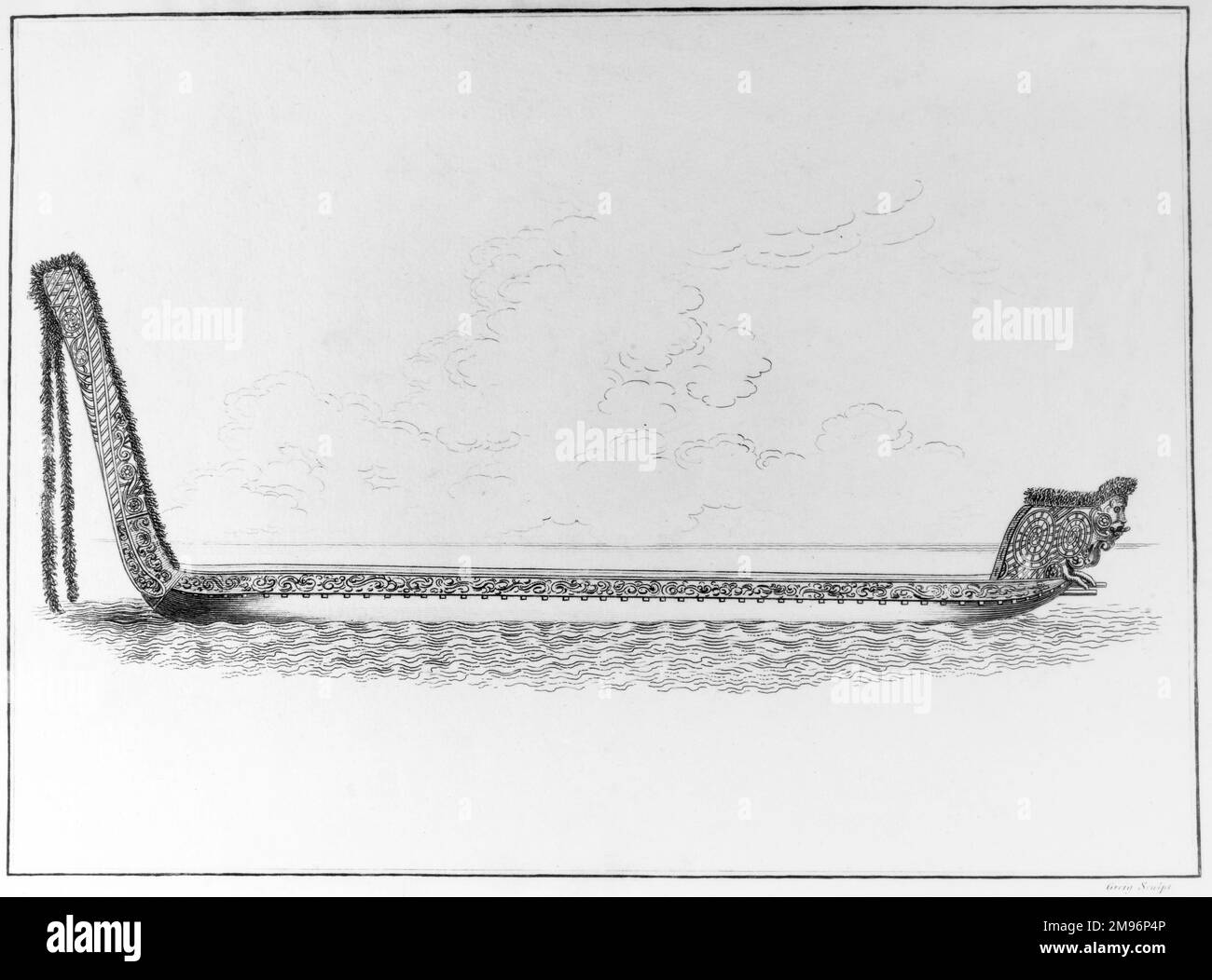 Un'illustrazione dettagliata del 16th ° secolo di una canoa da guerra non presidiata e decorata-scolpita dalla Nuova Zelanda. Foto Stock