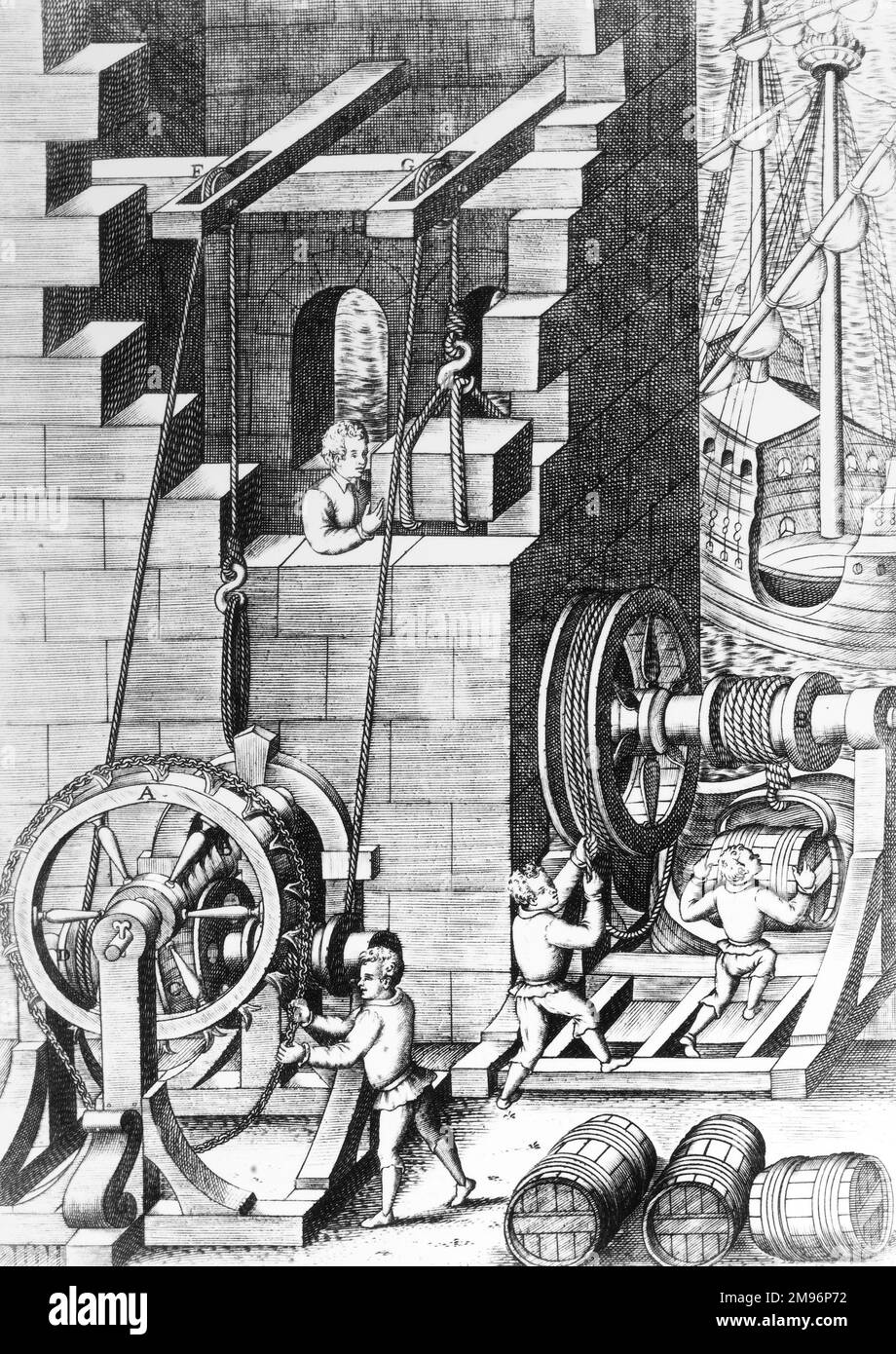 Incisione di una tecnica di costruzione europea del 16th° secolo con un sistema pully. Foto Stock