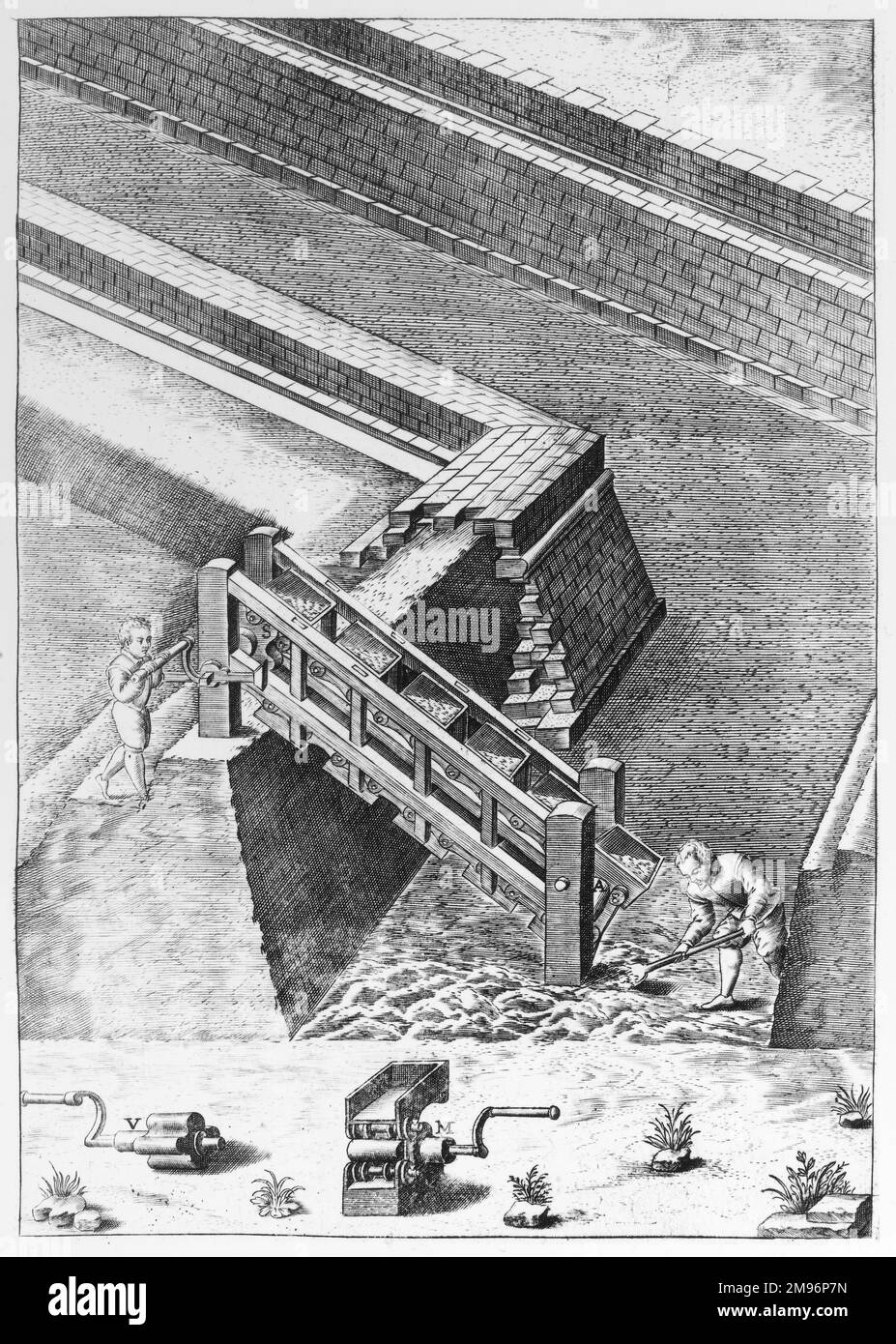 Incisione dettagliata di una tecnica di costruzione di canali del 16th° secolo che assomiglia in qualche modo ad un nastro trasportatore. Foto Stock