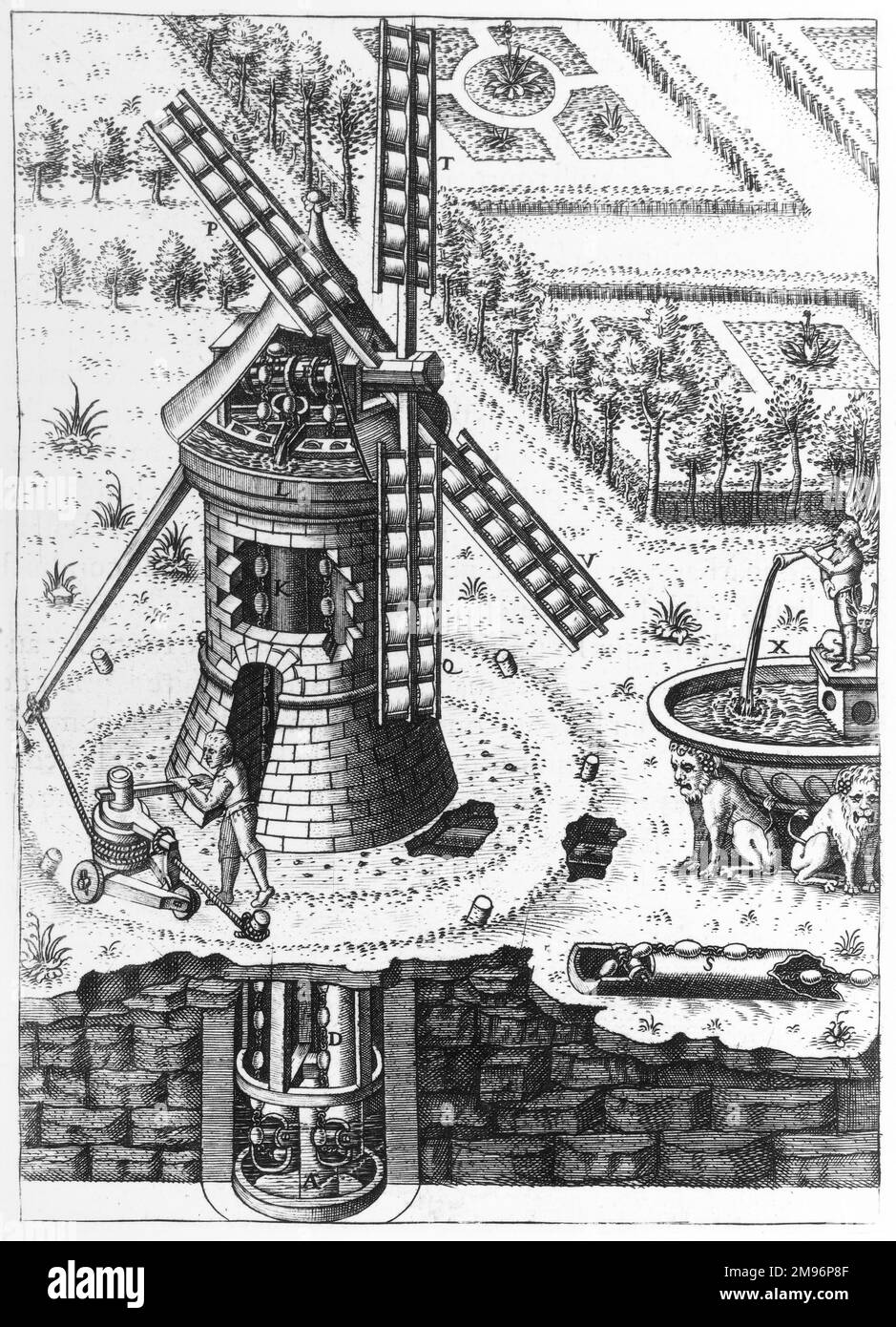 Incisione tecnica di un mulino a vento del 16th° secolo. Foto Stock