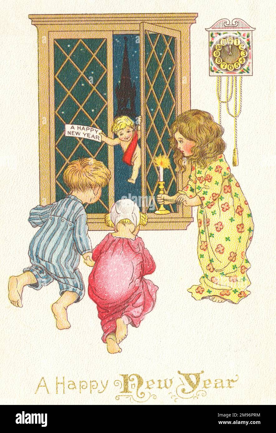 Tre bambini si affollano intorno alla finestra come un piccolo sprite porta una nota augurando loro un Felice Anno Nuovo. Foto Stock