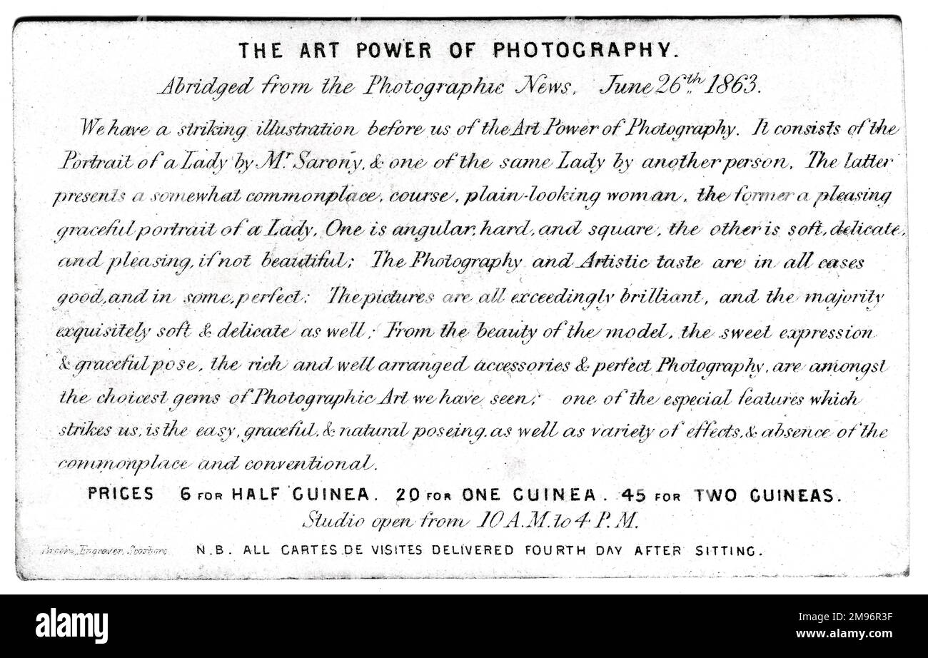 The Art Power of Photography, retro della carta del fotografo, Sarony of Scarborough. (2 di 2) Foto Stock