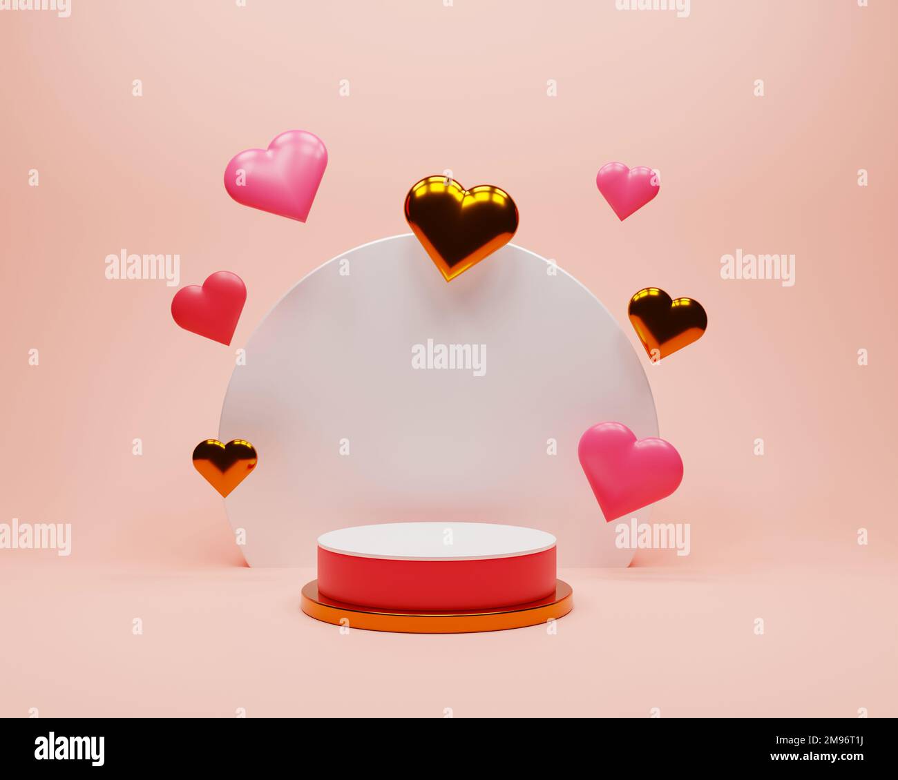 Podio rosa con cuori per la giornata di San Valentino - rendering 3D Foto Stock